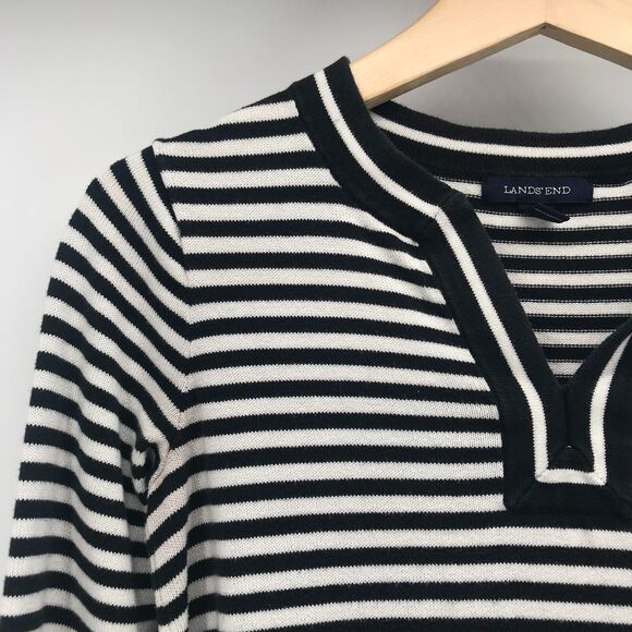 Lands End Pullover Womens XS Black White Stripe Notch V Neck 3/4 Sleeve Cotton - Picture 2 of 9